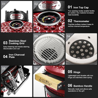 London Sunshine Ceramic BBQ Charcoal Kamado Grill 13 inch Portable Tabletop BBQ Grill with Stainless Steel Grates, pearlescent red