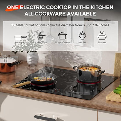 24 Inch Electric Cooktop Built in Electrics Stove Top, 4 Burner Electric Stove, Touch Control, 6000W, 9 Power Levels, Safety Lock, Timer, Pause Function, 240V Hard Wire(No Plug)