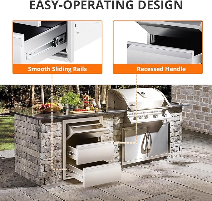 Outdoor Kitchen Access Drawers with Paper Towel Holder,16" W x 21" H x 23"D Stainless Steel Flush Mount BBQ Drawers with Grooved Handle,for Outdoor Kitchen Island or Patio Grill Station,3-Layer
