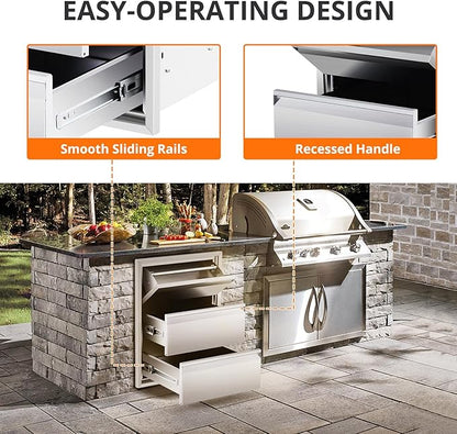 Outdoor Kitchen Access Drawers with Paper Towel Holder,16" W x 21" H x 23"D Stainless Steel Flush Mount BBQ Drawers with Grooved Handle,for Outdoor Kitchen Island or Patio Grill Station,3-Layer