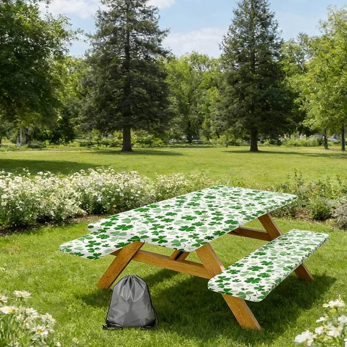JAWO St Patrick's Day Picnic Table Cover with Bench Covers, Camping Essentials, Shamrock Lucky Outdoor Table Covers, Waterproof, Fitted Tablecloth Cover with Elastic Edge, 3 PCS, 30X96 Inches