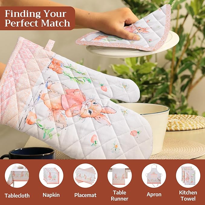 Maison d' Hermine Pot Holders 100% Cotton Heat Resistant Potholders 8" x 8" Hot Pads with Loop BBQ Cooking Baking Hotel Farmhouse Kitchen Handling Hot Pans Spring Summer (Pack of 2, Bunny Party)