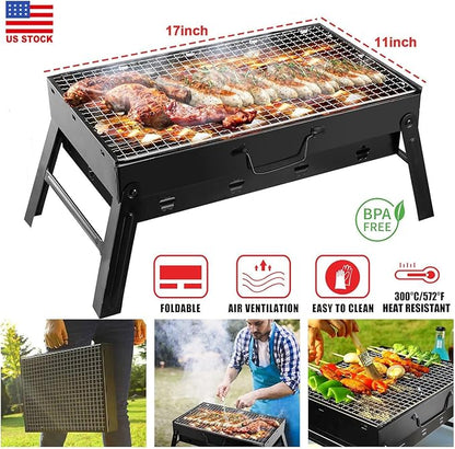 TeqHome Portable Charcoal Grill, Small BBQ Grill Compact Foldable Barbecue Grill, Outdoor Folding Camping Kabob Grill Tabletop Mini Smoker for Travel Outdoor Cooking Backyard Picnic Patio 17"x10"