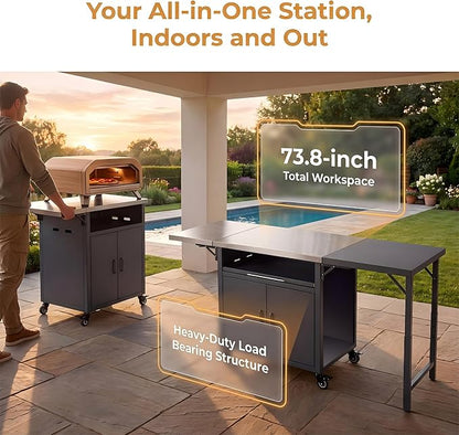 74” Outdoor Grill Table with Storage Cabinet & Folding, Metal | Stainless Steel Top Grill Cart for Kitchen with Universal Wheels, Kitchen Island Prep Table/Pizza Oven/Trash Rack, BBQ Patio