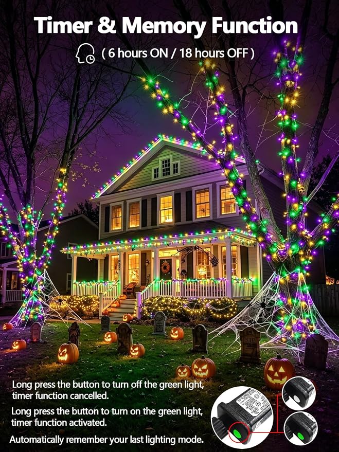 200 LED Extendable Green Yellow Purple Mardi Gras Lights Outdoor Indoor | 75.8FT, Timer & Memory Function,8 Modes,Plug in String Lights Waterproof for Creepy Halloween Party Tree Roof Graveyard Decor