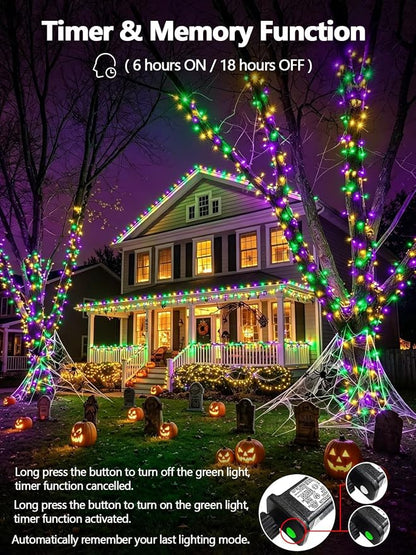 200 LED Extendable Green Yellow Purple Mardi Gras Lights Outdoor Indoor | 75.8FT, Timer & Memory Function,8 Modes,Plug in String Lights Waterproof for Creepy Halloween Party Tree Roof Graveyard Decor