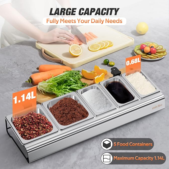 onlyfire Pizza Topping Station, Stainless Steel Seasoning Containers | With Lid, Condiment Serving Container, Pizza Oven Accessories for Grill Table Cart, Kitchen and Outdoor Oven Table