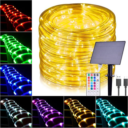 Solar Rope Lights Outdoor Waterproof 66Ft LED String Light with Remote | 200 LEDs 18 Colors Changing Solar Powered & USB Trampoline Light, RGB Strip Fairy Lighting for Outside Pool Christmas Decor