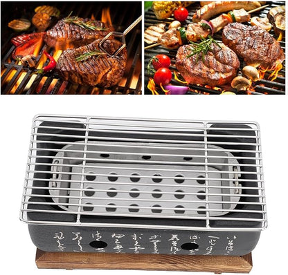 Fockety Japanese BBQ Grill, Charcoal Portable Barbecue Stove, Aluminum Alloy Hibachi Grill Charcoal Stove Yakitori Grill, Rectangle Calligraphy Quick Heating Wire Grill Base for