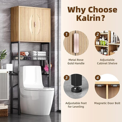 Kalrin Over The Toilet Storage Cabinet with Fluted Wave Doors and Adjustable Shelf, Wood Over Toilet Storage Rack with Drain Basket, Freestanding Bathroom Organizer for Balcony Laundry, Wood & Black