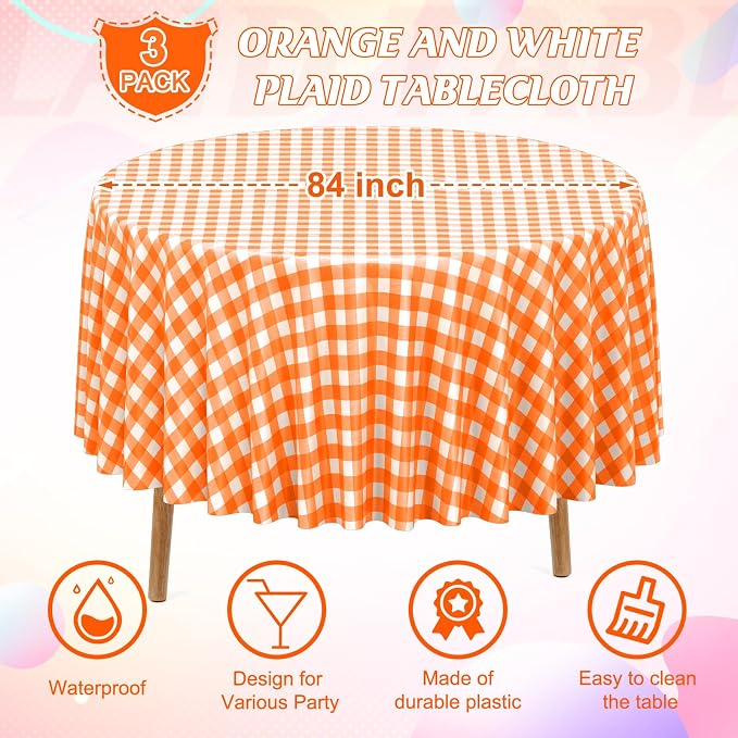 3Pcs Orange Gingham Tablecloths Round, Fall Checkered Table Cover 54x108 In | Orange and White Checkered Round Tablecloths Disposable Waterproof for Fall Picnic Halloween Barbecue Birthday Outdoor Party