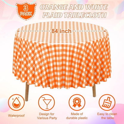 3Pcs Orange Gingham Tablecloths Round, Fall Checkered Table Cover 54x108 In | Orange and White Checkered Round Tablecloths Disposable Waterproof for Fall Picnic Halloween Barbecue Birthday Outdoor Party