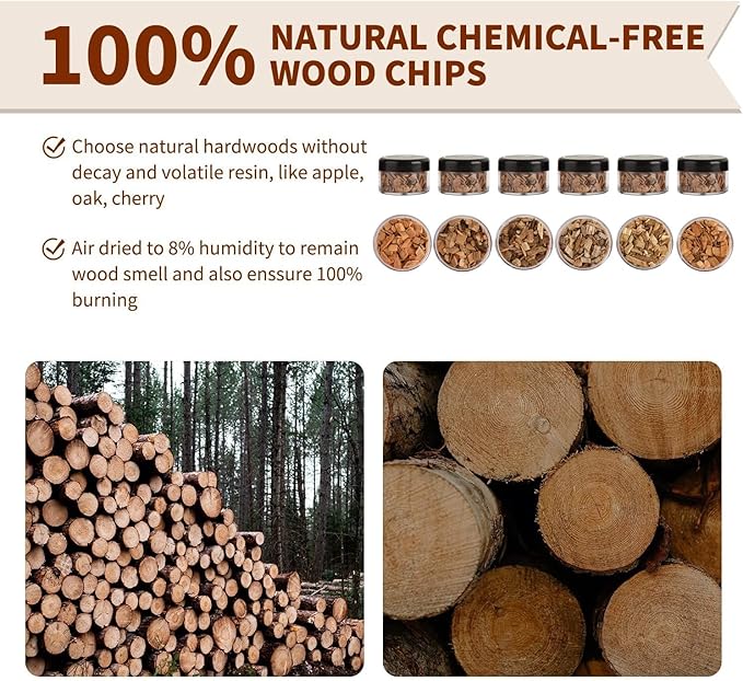 6 Wood Chips for Smoking,Flavors Cocktail Smoker Wood Chip, Smoke Infuser Chips for Drinks includes Peach, Oak, Cherry, Apple, Walnut and Pear Wood Chips for Whiskey Wood Smoking Chip