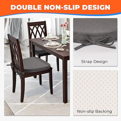 Sunsleek Chair Cushions for Dining Chairs, D-Shaped Seat Cushions with Removable Washable Cover and Ties, Chair Pads for Kitchen, Indoor Dining Room, Patio Chairs, 17'' x 16'', Set of 6, Dark Grey