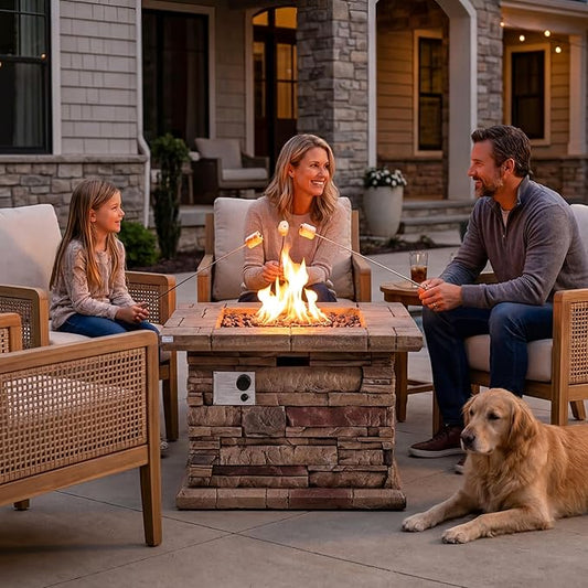 COSIEST Outdoor Propane Fire Pit Table w Faux Brown Ledgestone 32-inch Square Fire Table, Certified, 50,000 BTU Stainless Steel Burner, Free Lava Rocks, Fits 20lb Tank Inside