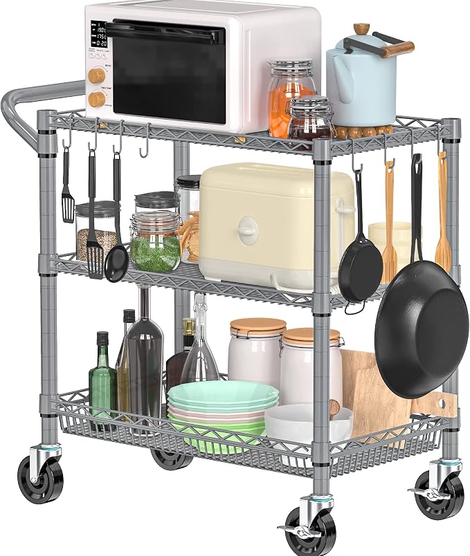 Folews Heavy Duty Rolling Cart with Wheels, 990LBS Metal Utility Cart | 3-Tier NSF Rolling Storage Organizer, Adjustable Shelves & Basket, Lockable Casters, Commercial Storage Trolley, Gray