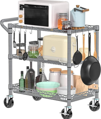 Folews Heavy Duty Rolling Cart with Wheels, 990LBS Metal Utility Cart | 3-Tier NSF Rolling Storage Organizer, Adjustable Shelves & Basket, Lockable Casters, Commercial Storage Trolley, Gray