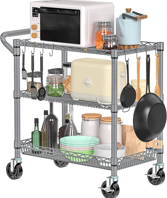 Folews Heavy Duty Rolling Cart with Wheels, 990LBS Metal Utility Cart | 3-Tier NSF Rolling Storage Organizer, Adjustable Shelves & Basket, Lockable Casters, Commercial Storage Trolley, Gray
