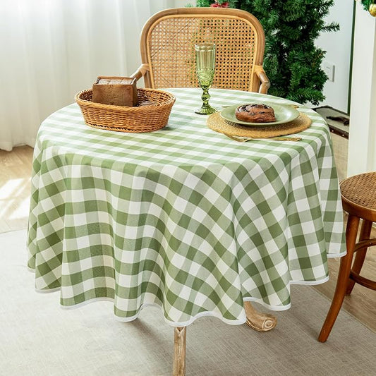 Green and White Gingham Tablecloth, Spring Plaid Waterproof Table Cover for Easter, Indoor Dining, Kitchen Table, Garden Picnic, Washable Rectangle Tablecloth for Home Use, 60" Round