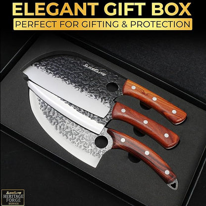 SliceElite Heritage Forge 3 Piece Butcher Knife Set Serbian Chef Meat Cleaver Viking Knife High Carbon Stainless Steel Full Tang Sandalwood Handle BBQ Grilling Camping Cooking Gift Set For Men & Women