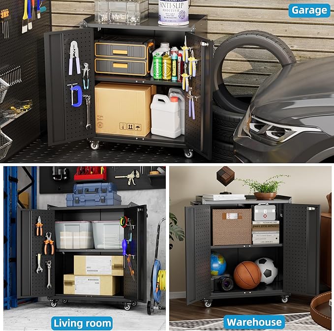 Aobabo 31.5" H Metal Storage Cabinet with Wheels and 2 Pegboards, Lockable Rolling Tool Storage Cabinet with 1 Adjustable Shelves for Garage,Assembly Required,Black