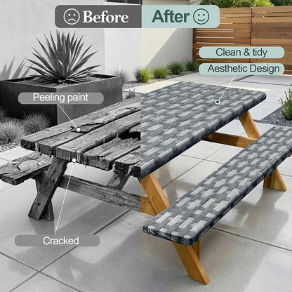 Picnic Table Cover with Bench Covers Camping Essentials Waterproof Windproof Camping Tablecloth with Drawstring Bag, Fitted Rectangle Tables and Seats, 72in, Dark Gray