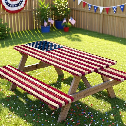 Picnic Table Cover with Bench Covers Windproof Waterproof Picnic Table Covers Camping Tablecloth with Self-Storage Bag, 72in, Vintage Wood Flag