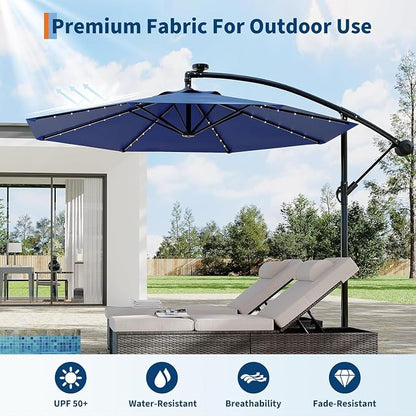 Garvee 10FT Solar Lights Offset Patio Umbrella with Cross Base, Navy Blue | Cantilever Umbrella with Easy Lift & Tilt Adjustment, 8 Ribs Sun umbrella UV Protection for Backyard, Pool, Garden