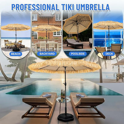 8FT Tiki Umbrella, Umbrella Outdoor Patio UV-Stability, Hawaiian Style Outdoor Umbrellas for Patio 8 large Ribs, Thatched umbrellas with Push Button Tilt and Crank Lift for Tiki Bar, Pool, Beach, Natural
