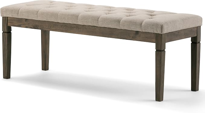SIMPLIHOME Waverly 48" Wide Linen Look Rectangle Ottoman in Natural | Natural linen look, traditional tufted ottoman bench with carved legs; perfect footstool or footrest for bedroom or entryway.