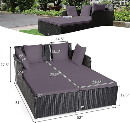 Tangkula Outdoor Rattan Daybed, Sunbed Wicker Furniture w/Spacious Seat, Upholstered Cushion & High-Resilience Sponge, Wicker Patio Sofa Set w/Extra Pillows for Courtyard Poolside (Grey)