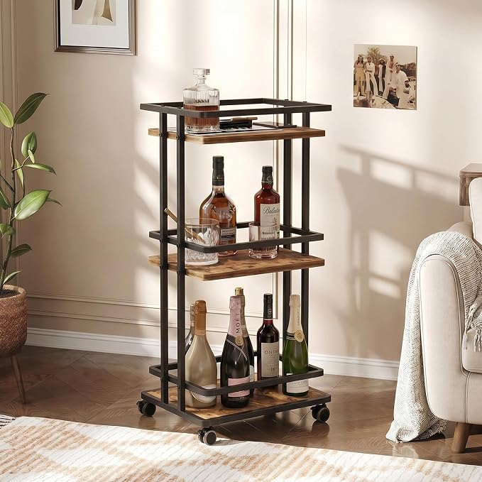 3-Tier Bar Cart with Wheels & Storage Shelves for Home Kitchen | Beverage Serving Cart, Doubles as Coffee Bar Cabinet, Sturdy 3-Tier Frame, Smooth Rolling Wheels, Ideal for Home