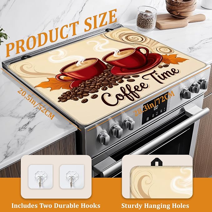 Electric Stove Top Cover,Red Coffee Cups Stove Cover for Glass Top Electric Stove,Coffee Bean Heat Resistant Flat Top Stove Mat Countertop Protector, 28 x 20 Inch