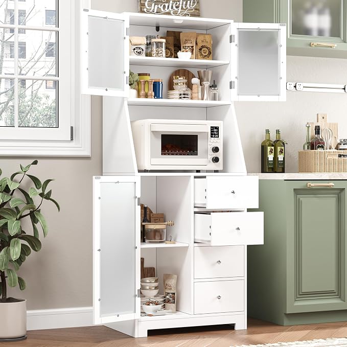 BOTLOG 64'' Kitchen Pantry Storage Cabinet, Tall Kitchen Storage Cabinet with Microwave Stand, Hutch Cabinet with Adjustable Shelves, for Dining Room (White) | Save Space, Microwave Stand, Hutch Cabinet for Dining Room, Kitchen, Modern White