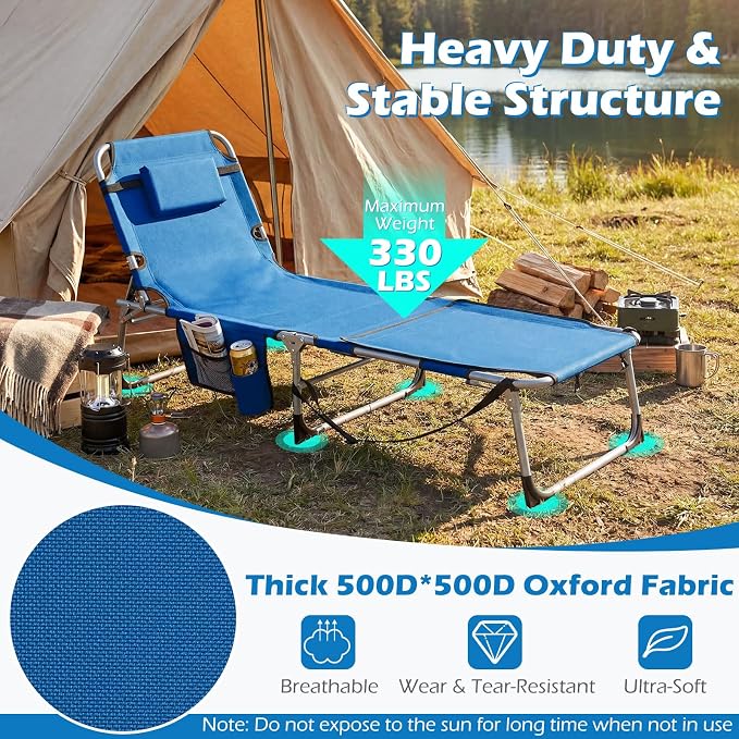 GYMAX Tanning Chair, 330LBS Beach Lounge Chair with Face Arm Hole & Hand Shoulder Strap, Folding Layout Sunbathing Chair, Face Down Outdoor Chaise Lounger for Patio, Poolside, Lawn, Backyard (1, Blue)