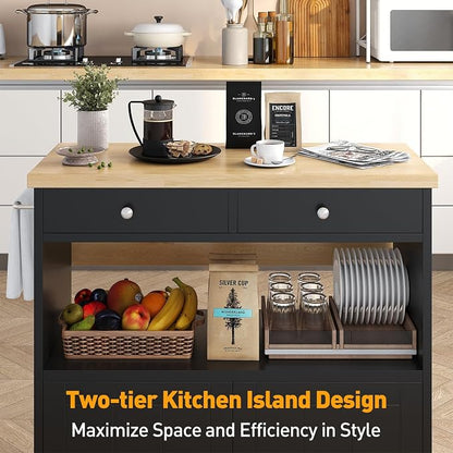 Rolling Kitchen Island with Folding Drop Leaf Breakfast Bar, 35.4'' W Kitchen Cart with Storage Cabinet and 2 Drawers, Portable Mobile Kitchen Island Table with Towel Rack, Lockable Wheels, Black