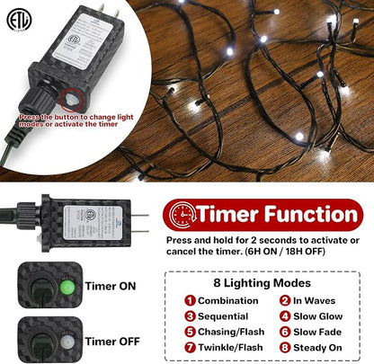 Extra Long 132FT Christmas Decorative Mini Lights, 400 LED Green Wire Fairy Starry String Lights Plug in, Timer & Memory & 8 Modes, for Indoor Outdoor Xmas Tree Wedding Party Decoration,Cool White