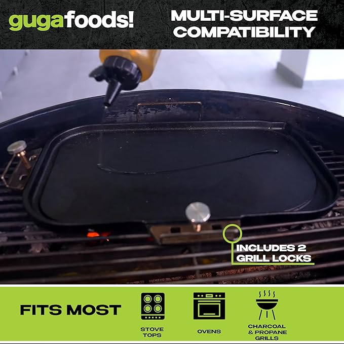Guga Foods Ultimate Griddle Kit Set- Transform Any Grill or Stove, Includes Cast Iron Griddle with Detachable Handle, Stainless Steel Angled & Straight Edge Spatulas, For Cooking Indoor Or Outdoor