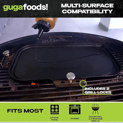 Guga Foods Ultimate Griddle Kit Set- Transform Any Grill or Stove, Includes Cast Iron Griddle with Detachable Handle, Stainless Steel Angled & Straight Edge Spatulas, For Cooking Indoor Or Outdoor