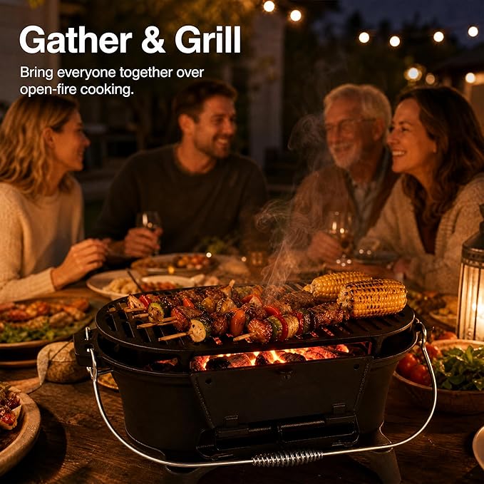 Cast Iron Hibachi Grill Outdoor, Japanese Yakitori Grill for Camping, Small Portable Charcoal Hibachi Grills, Cast Iron, with Double-Sided Grate, for Indoor Outdoor BBQ (1, Built-in handle)