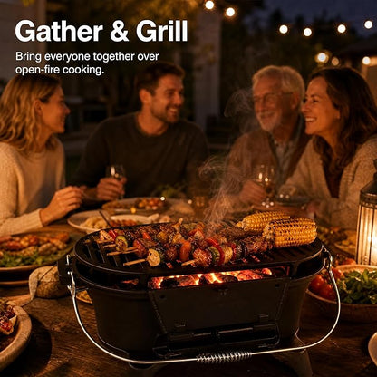 Cast Iron Hibachi Grill Outdoor, Japanese Yakitori Grill for Camping, Small Portable Charcoal Hibachi Grills, Cast Iron, with Double-Sided Grate, for Indoor Outdoor BBQ (1, Built-in handle)