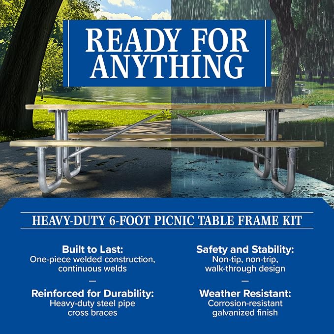 Picnic Table Frame Kit – Commercial Grade, Fully Welded Steel, 6-Foot DIY Design (Customer Supplies Lumber), Made in The USA