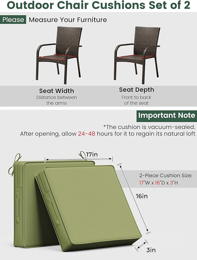 Outdoor Chair Cushion 17 x 16 x 3 Inches Patio Furniture Outdoor Waterproof Seat Cushion, Patio Chair Cushion with Handles and Ties, Square Dining Chair Cushion Set of 2, Light Green
