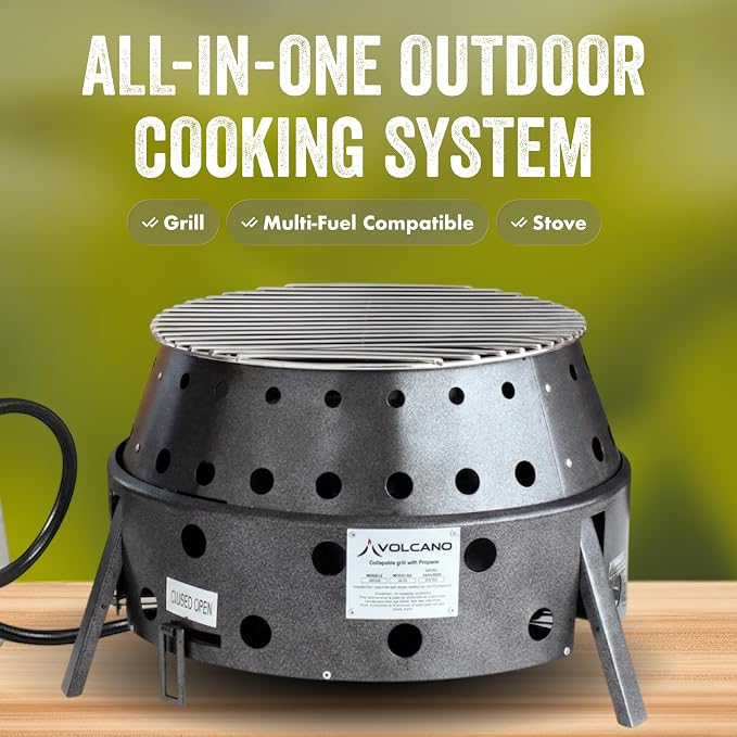 Volcano 3 Collapsible Portable Outdoor Grill/Stove, Propane, Charcoal and Wood, 19500 BTU Burner, 13 Inch Cooking Surface, Camping Stove for Backpacking, Hiking and BBQ, Carry Bag and Hose Included