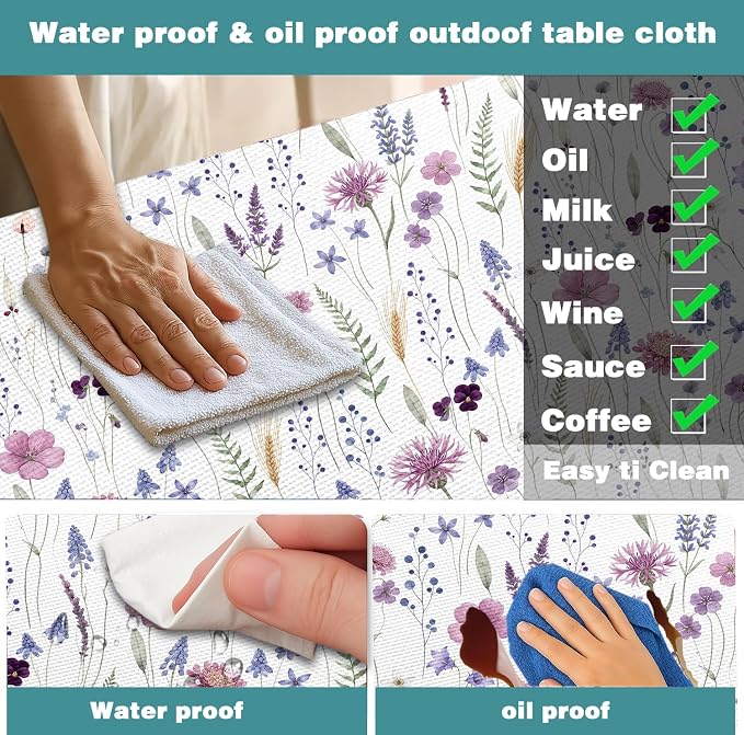 Floral Picnic Table Cover with Bench Covers and Bag, Rustic Wildflower Waterproof Windproof Washable Camping Table Camping Essentials Cover with Elastic Edges, 3 Pcs Set 30x96 Inch