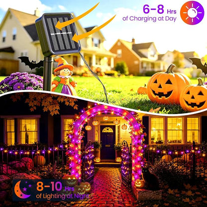 Solar Halloween Lights Outdoor Solar String Lights Waterproof for Halloween Decorations, Total 100LED 45FT for Garden Yard Pathway Fence, Orange Purple 8 Modes 50LED x 2 Pack