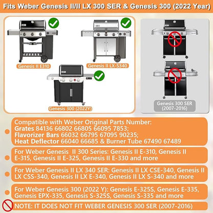 Grill Parts for Weber Genesis 2 GS4 Replacement 3 Burner Genesis II/II LX 300 & Genesis 300(2022 Y),Webber Flavorizer Bars 66032 67095,Grates 66095 66802,Heat Deflector 66685 66040 &Burner 67489 67490