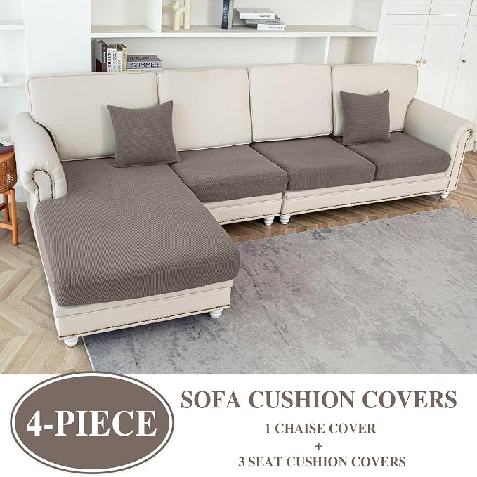 LA MEACK Couch Cushion Covers for Sectional Sofa L Shape Washable Separate Seat Chaise Couch Cover Stretch Sofa Slipcovers with 2 Pcs Pillowcases(3 Seater + 1 Chaise, Taupe)
