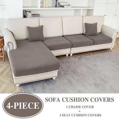 LA MEACK Couch Cushion Covers for Sectional Sofa L Shape Washable Separate Seat Chaise Couch Cover Stretch Sofa Slipcovers with 2 Pcs Pillowcases(3 Seater + 1 Chaise, Taupe)