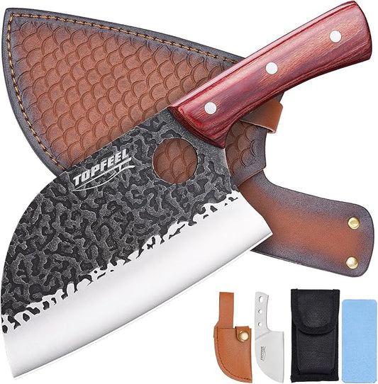 6.8Inch Serbian Chef Knife- Meat Cleaver, Butcher Knife set with Leather Sheath and Whetstone, Kitchen Knives for Home, Camping, BBQ